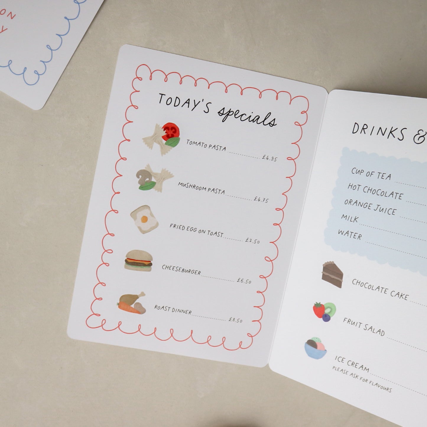 Personalised kids play cafe menu