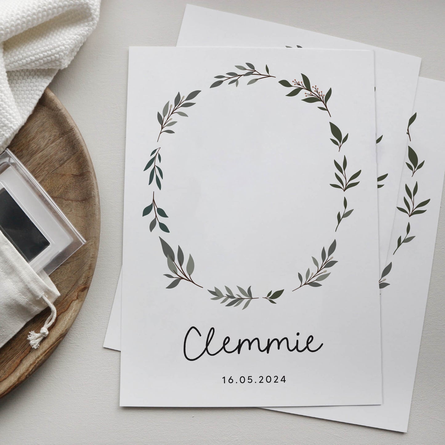 Personalised new baby print handprint/footprint kit leaf wreath