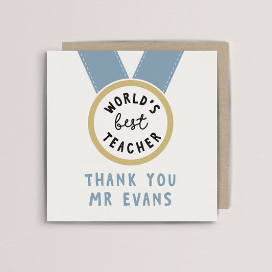 Personalised Worlds best teacher medal thank you card
