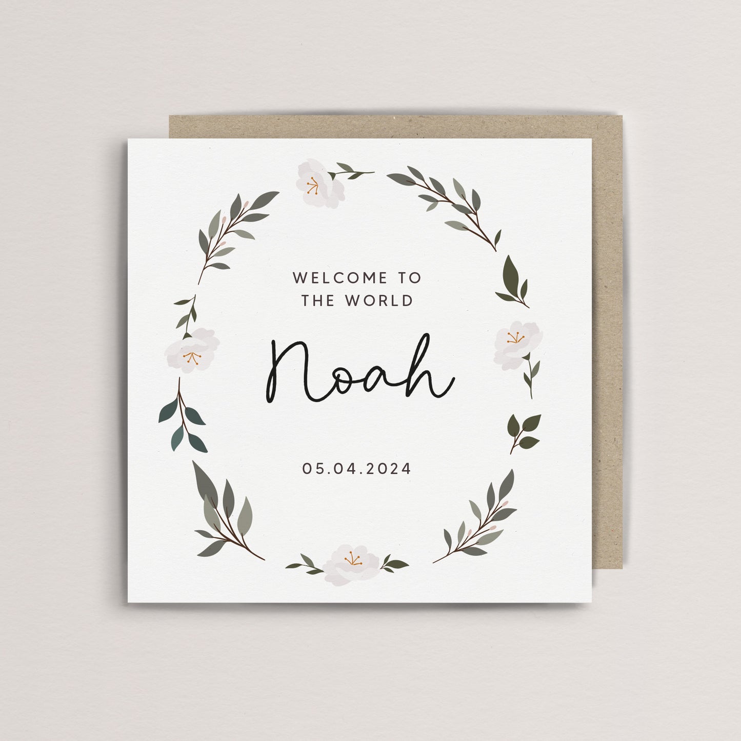 Personalised floral wreath name new baby card