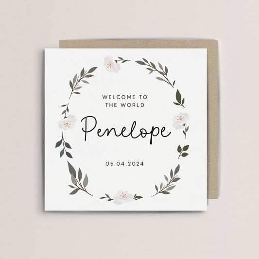Personalised floral wreath name new baby card