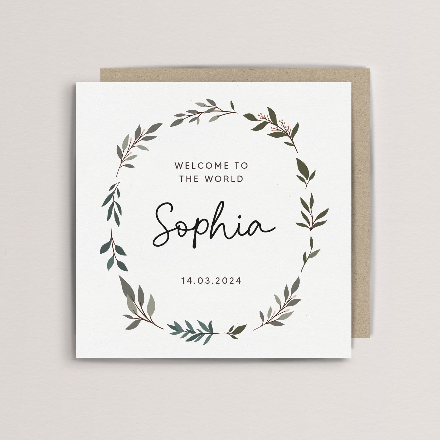 Personalised leaf wreath new baby card