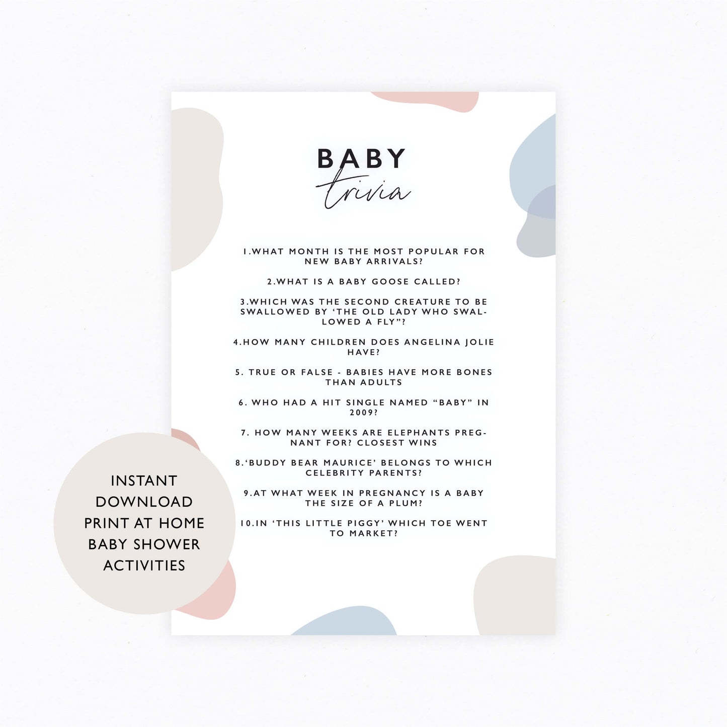 Baby shower activity baby trivia digital download