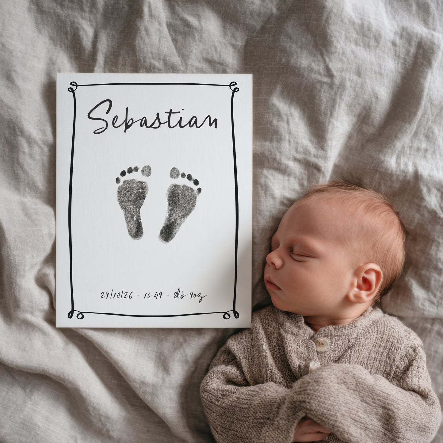 Personalised new baby keepsake print handprint/footprint kit - line border