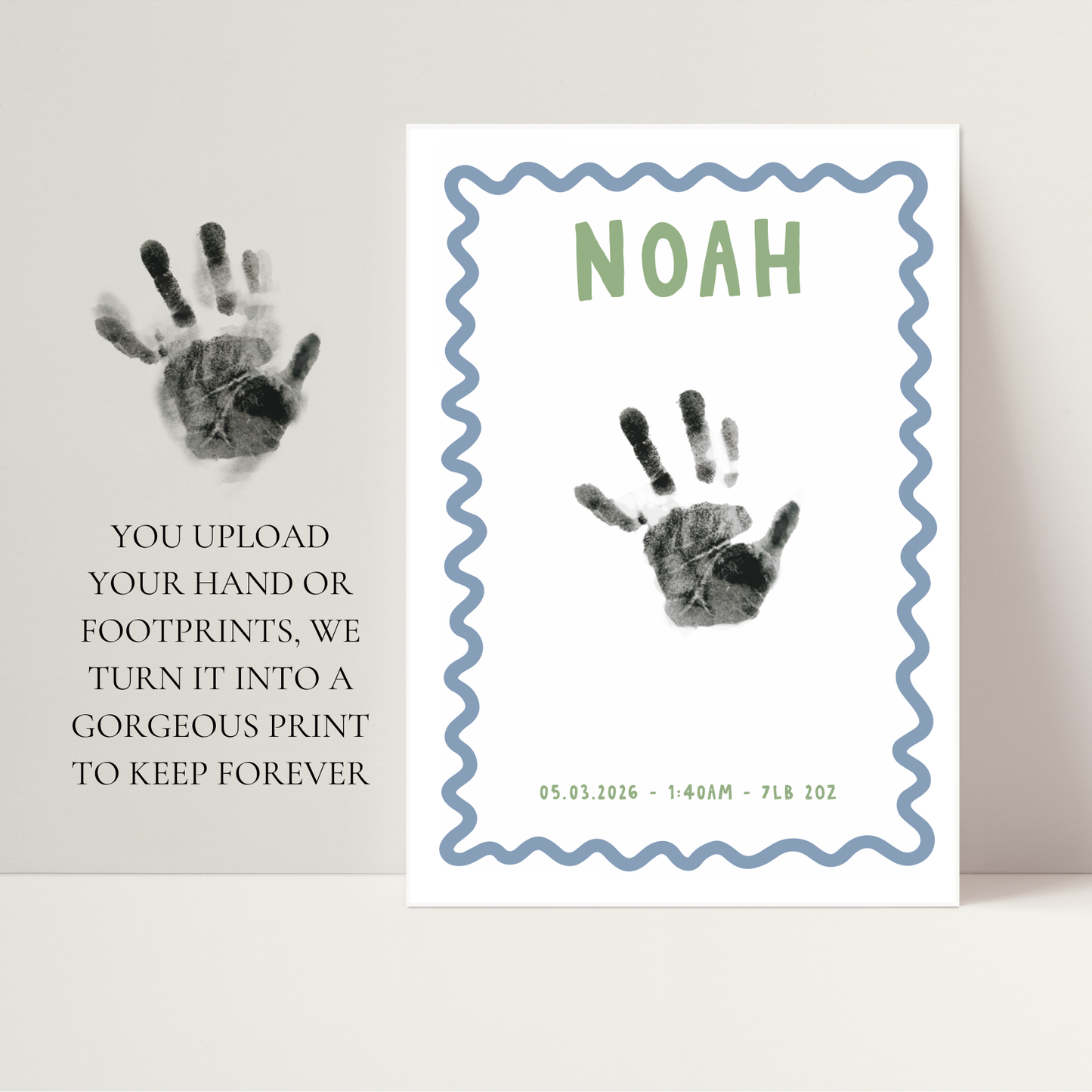 Personalised new baby keepsake print UPLOAD YOUR OWN handprint/footprint kit - wavy