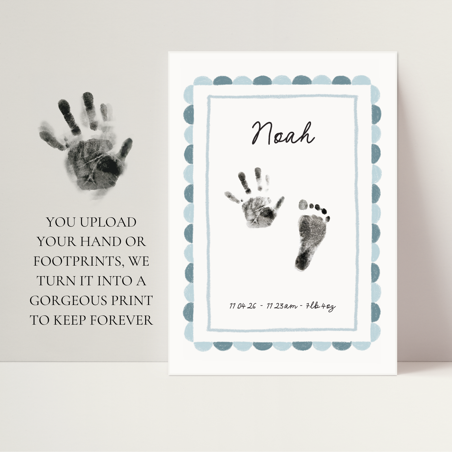 Personalised new baby keepsake print UPLOAD YOUR OWN handprint/footprint kit -scallop