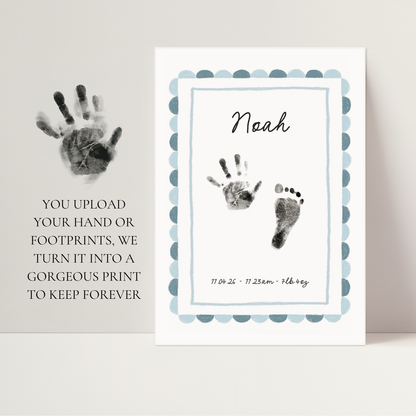Personalised new baby keepsake print UPLOAD YOUR OWN handprint/footprint kit -scallop