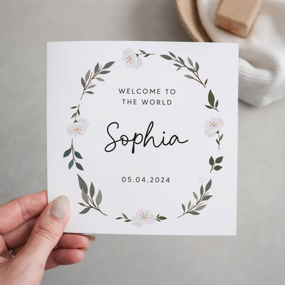 Personalised floral wreath name new baby card