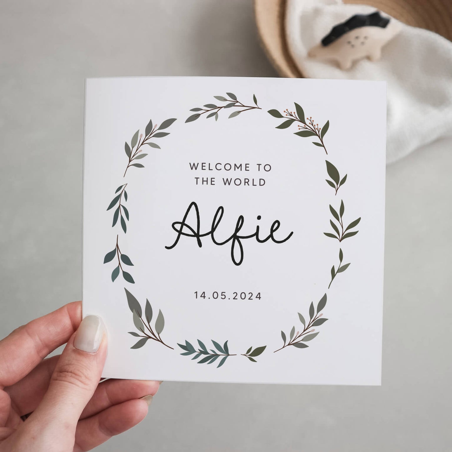 Personalised leaf wreath new baby card