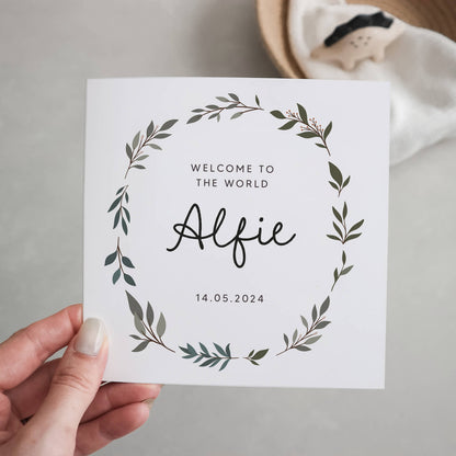 Personalised leaf wreath new baby card
