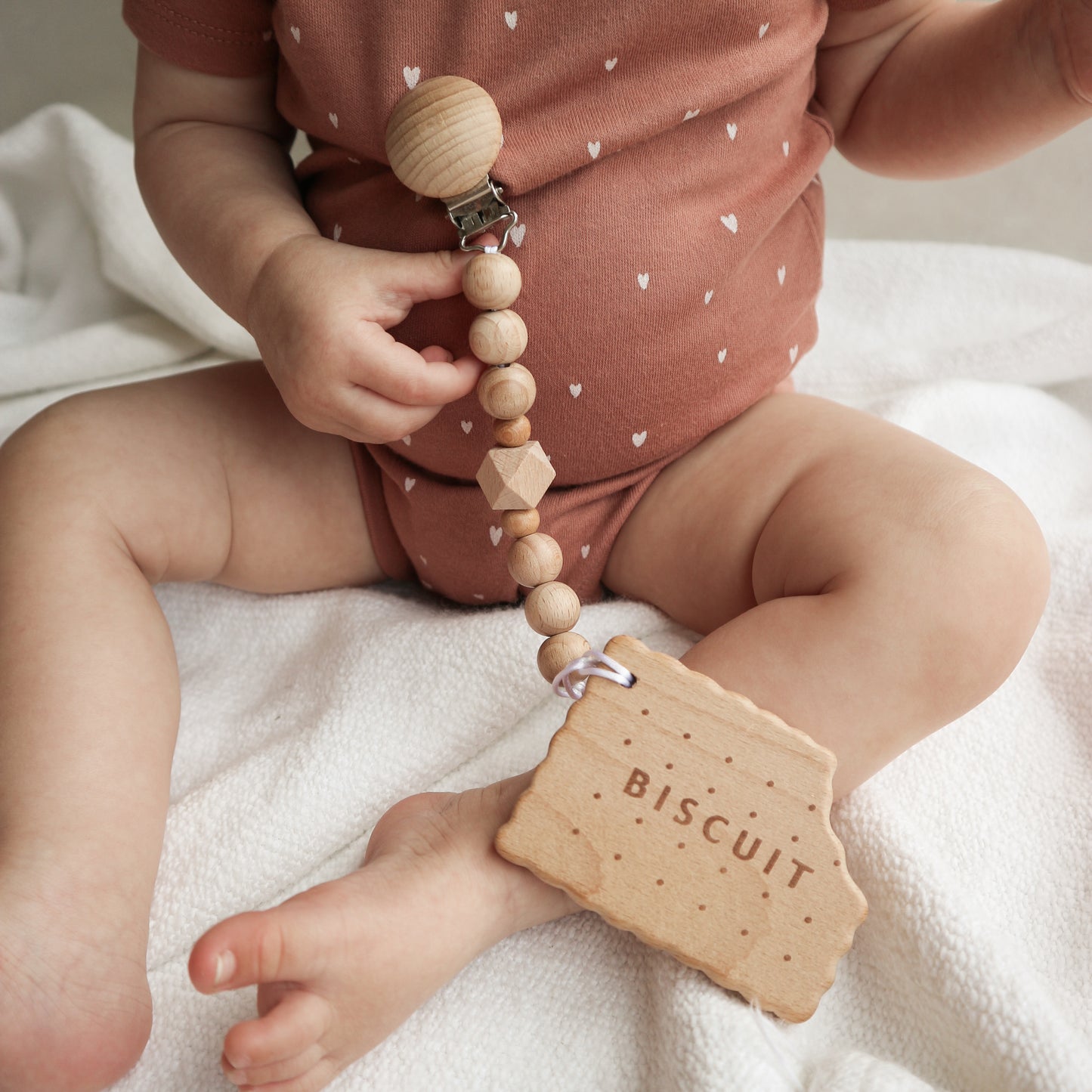 Wood bead dummy/teether clip with biscuit teether