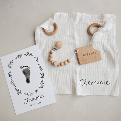 Personalised new baby gift box with footprint kit - leaf wreath