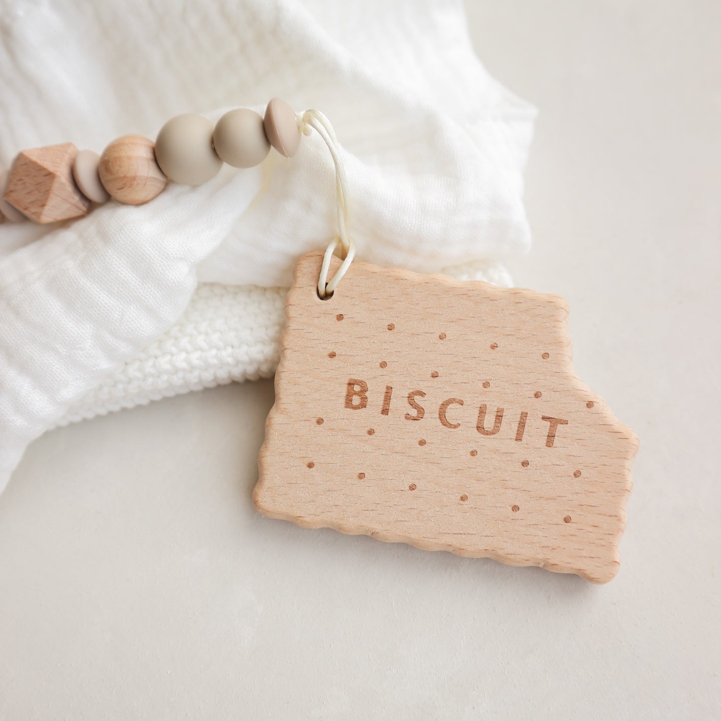 Wood bead dummy/teether clip with biscuit teether