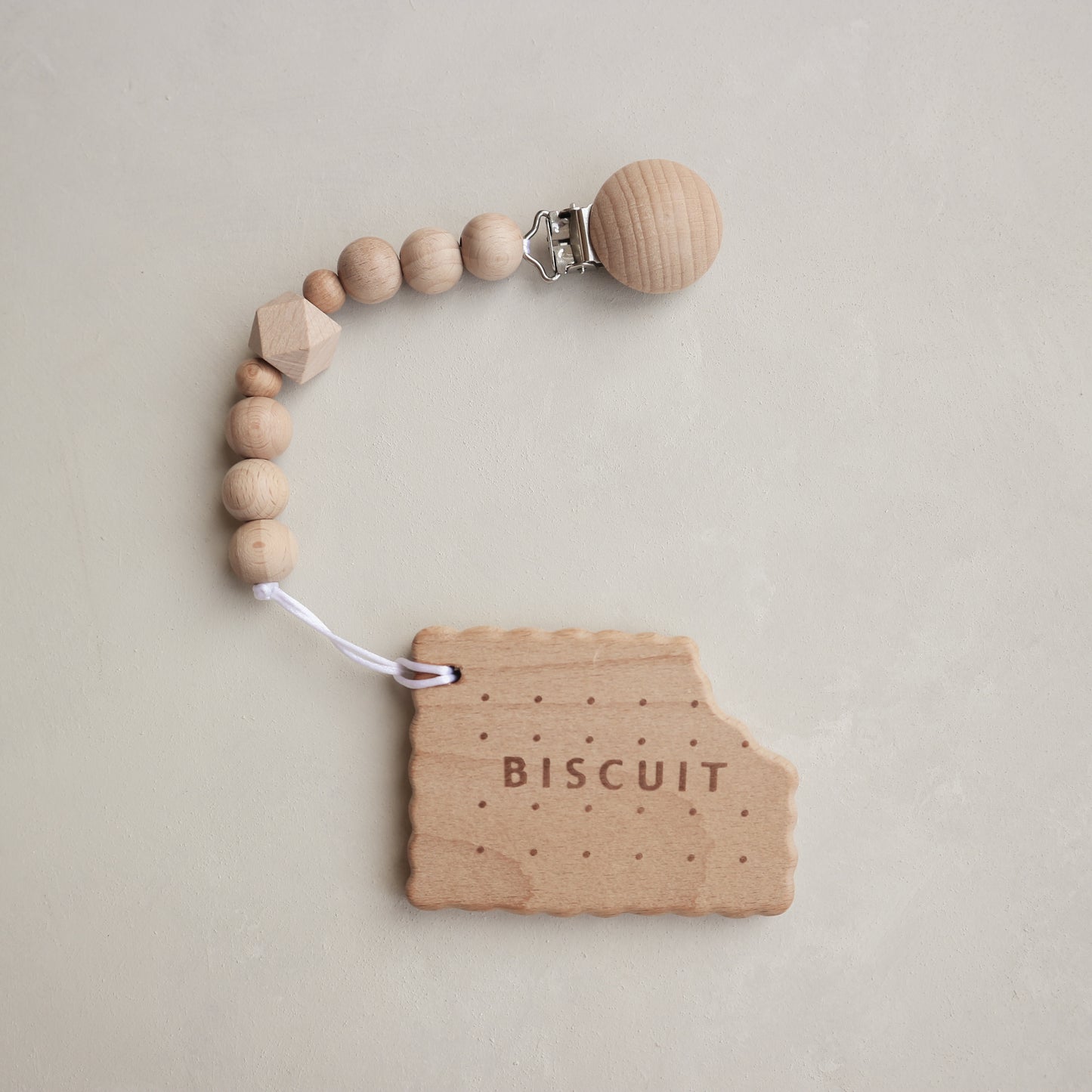 Wood bead dummy/teether clip with biscuit teether