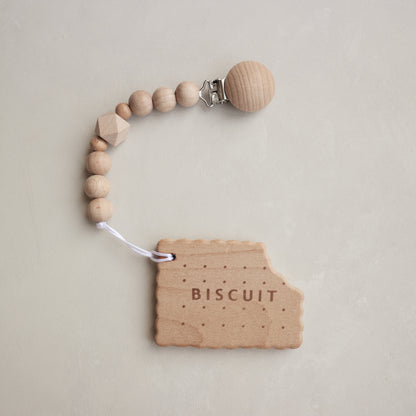 Wood bead dummy/teether clip with biscuit teether