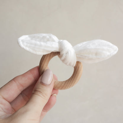 Beech wood and crinkle bow ring teether