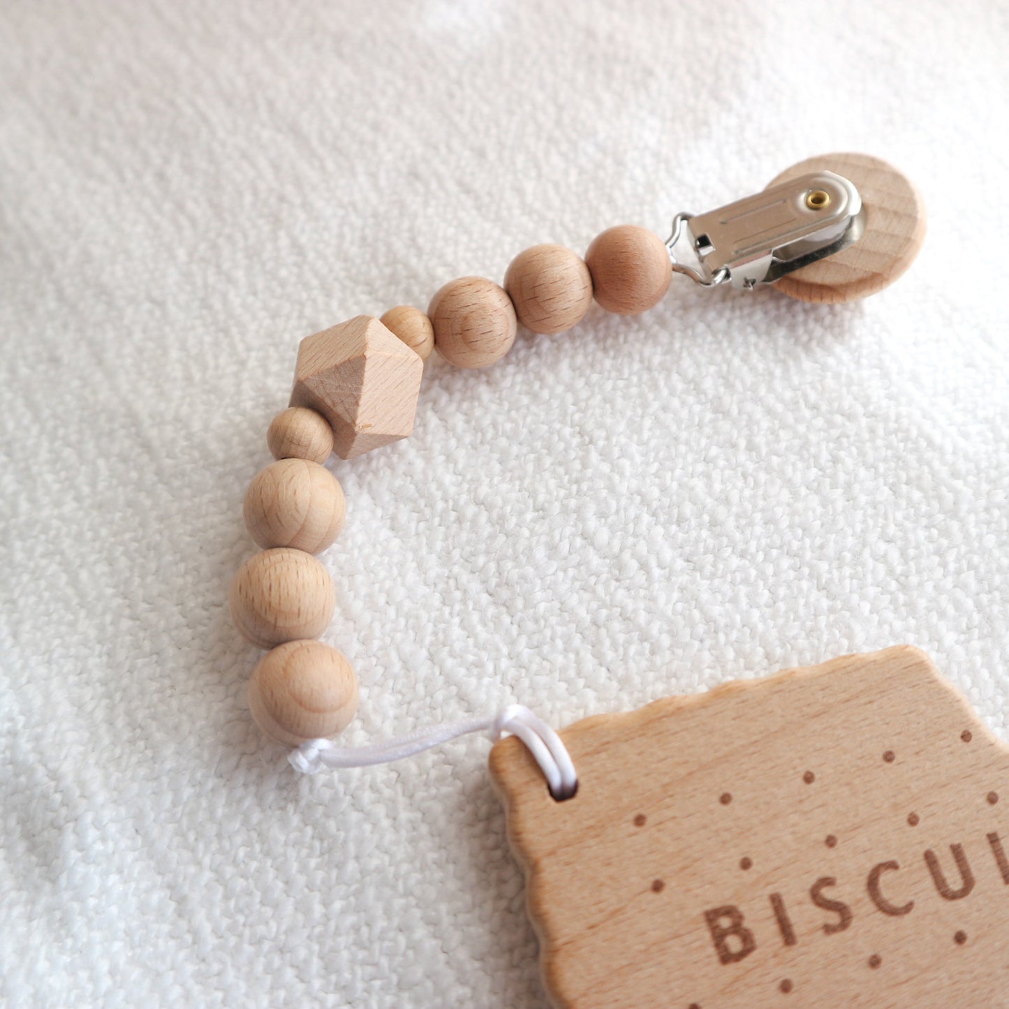 Wood bead dummy/teether clip with biscuit teether