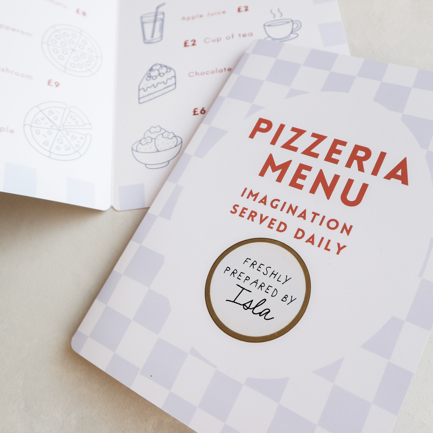 Personalised kids play pizzeria menu
