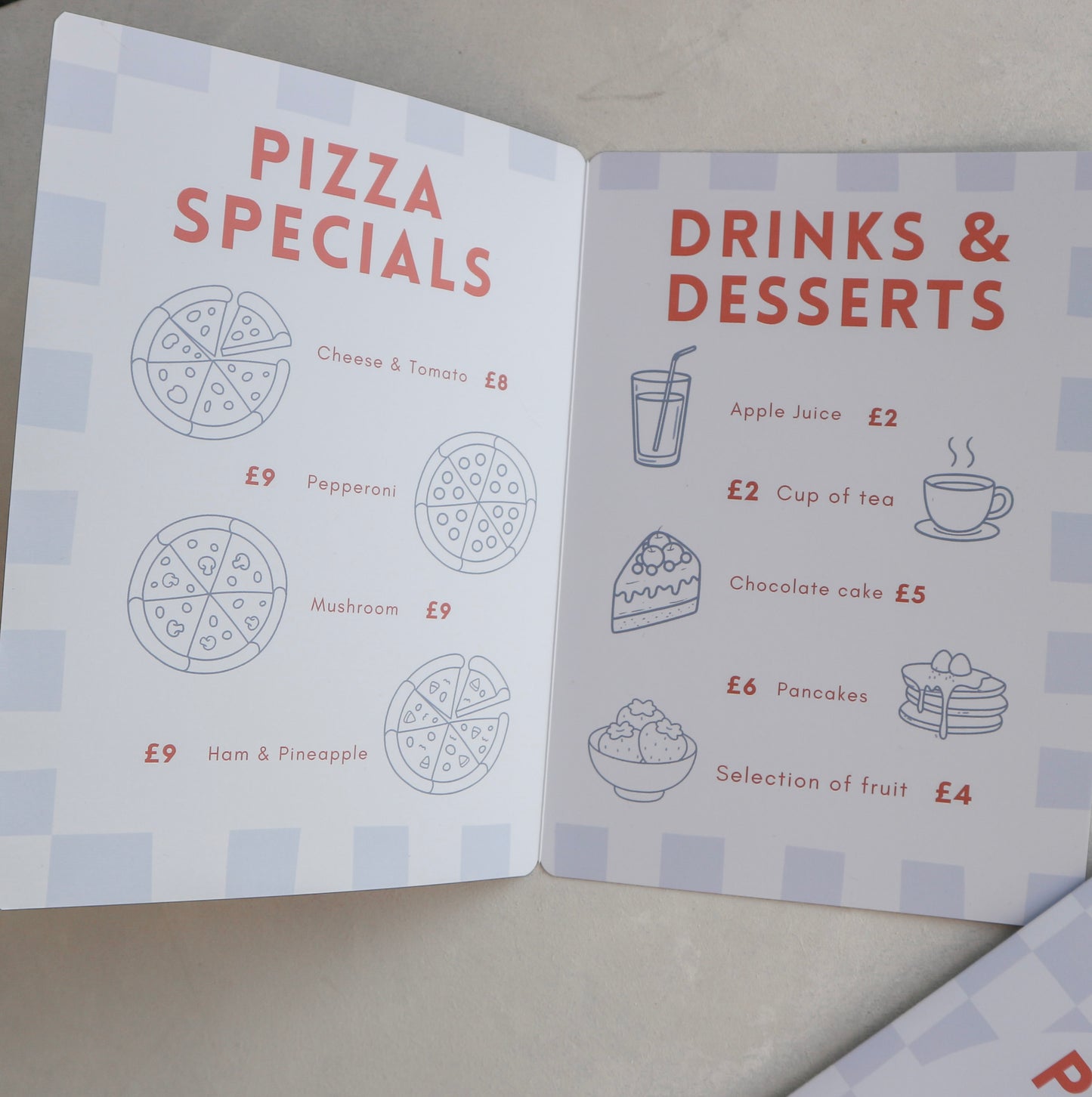 Personalised kids play pizzeria menu