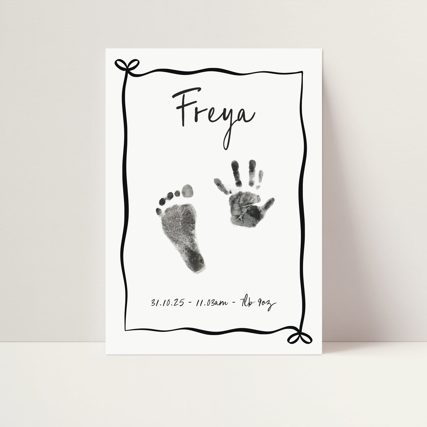 Personalised new baby keepsake print handprint/footprint kit - bow frame