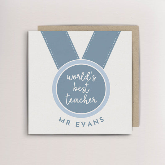 Personalised Worlds best teacher medal thank you card