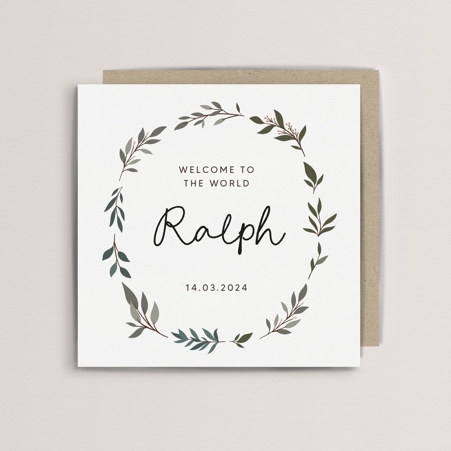 Personalised leaf wreath new baby card