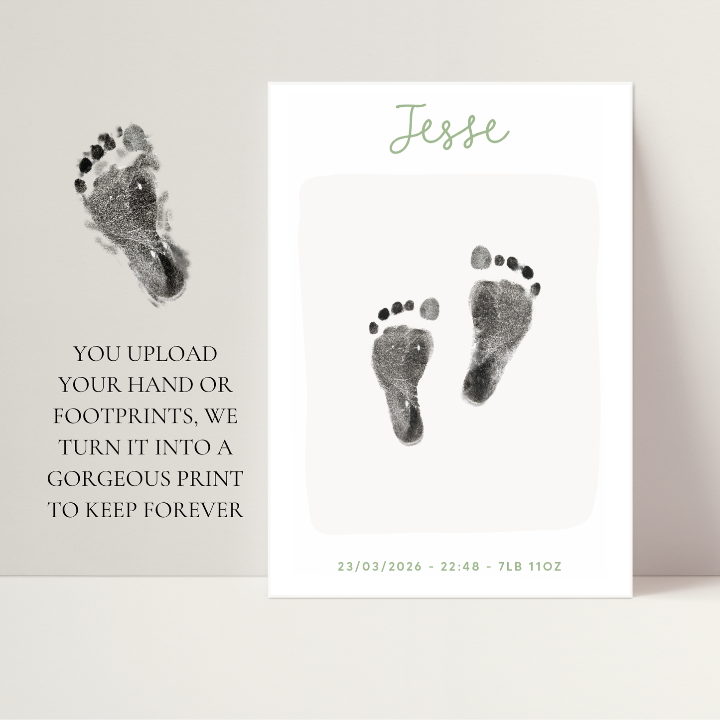 Personalised new baby keepsake print UPLOAD YOUR OWN handprint/footprint kit script
