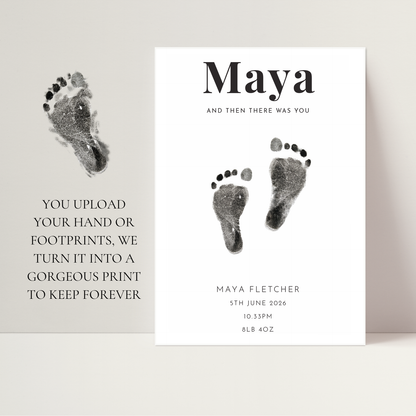 Personalised new baby keepsake print UPLOAD YOUR OWN handprint/footprint kit sans serif