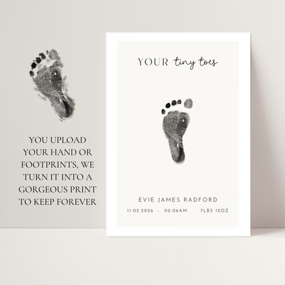 Personalised new baby keepsake print UPLOAD YOUR OWN handprint/footprint kit tiny toes