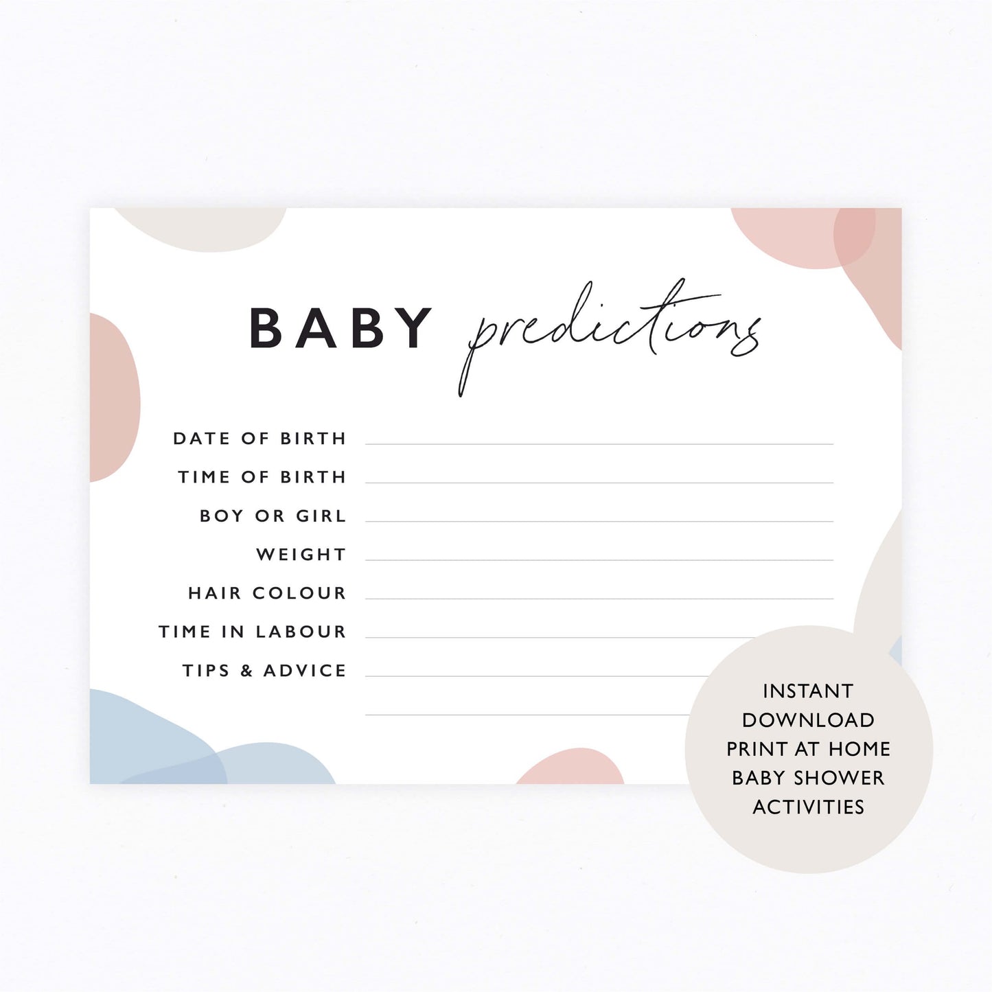 Baby shower activity baby predictions digital download