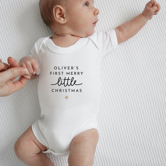 Personalised baby's first merry little Christmas bodysuit